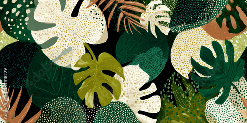 Abstract tropical jungle leaves pattern with textured dots and organic shapes