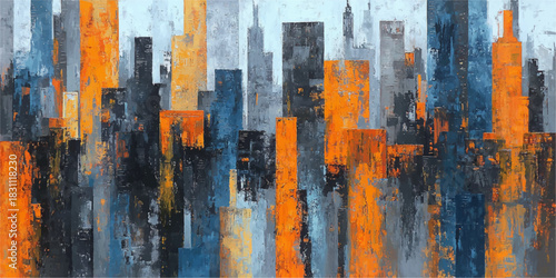 Abstract impressionist painting of a vibrant cityscape with tall buildings in orange and blue hues