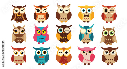 A collection of cute and colorful cartoon owls showcasing various expressions and designs on a white background.