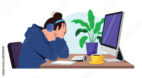 A young person feels overwhelmed and stressed at their computer desk, holding their head in their hands with headphones on.