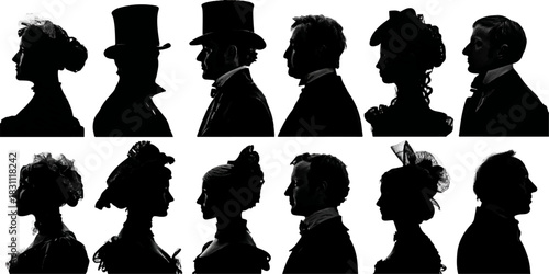 Collection of diverse historical silhouette portraits featuring men and women in elegant attire and hats