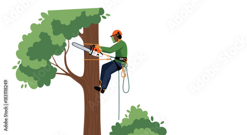 Arborist in safety gear working on a tree with a chainsaw, secured by harness and ropes, demonstrating professional tree care and maintenance.