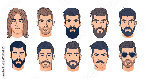 A collection of diverse cartoon male faces showcasing a variety of contemporary hairstyles and fashionable beard styles.