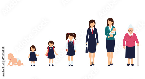 Stages of a woman's life from infancy to old age, showcasing growth, development, and different roles she might take on.