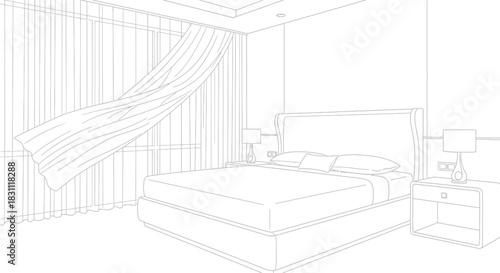 Line art of a modern bedroom with curtains blowing in the wind by the window