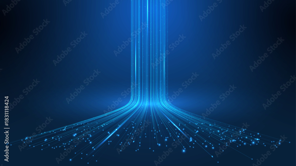 Naklejka premium 3D High Speed Light Trails. Digital Flow Vector Background. Big Data Technology Lines Fast Wireless Data Transmission. Information in Virtual Reality. 6g Vector Illustration. Artificial neural network