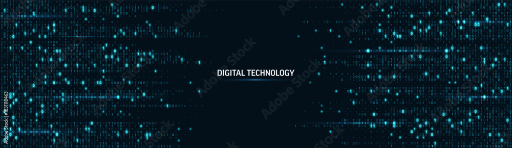 Naklejka premium Binary code matrix on blue cyber background with abstract data streams and glowing lines. Technology concept with computer numbers in digital network pattern for futuristic programming visualization.