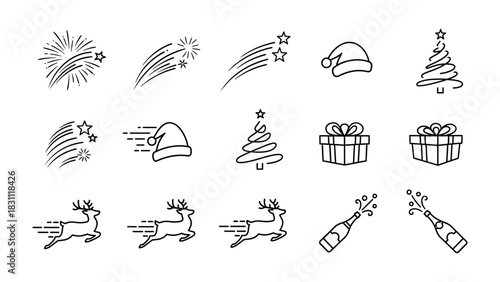 Holiday Icons: A collection of festive line art illustrations, capturing the essence of the holidays with playful depictions of shooting stars, Santa hats, Christmas trees, gifts, reindeer.