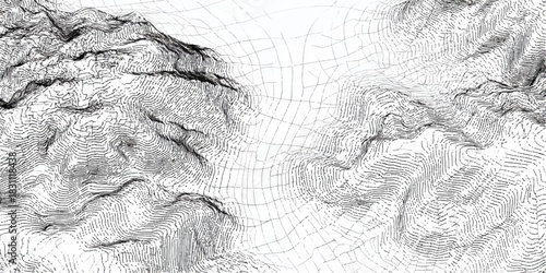 Abstract topographic map lines creating a textured mountainous landscape in black and white