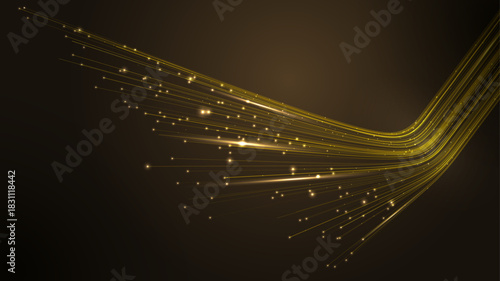 High Speed 3D vector with golden lines and dots. Radiant gold flare light bg. Abstract vector wave flows with energy, motion, and speed, forming a digital stream for technology, luxury business design