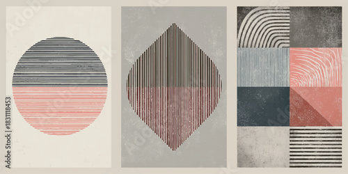 Abstract geometric triptych with minimalist stripes and muted color palette