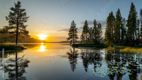 Scenic lake landscape with reflections of trees at sunset a tranquil nature scene for travel and outdoor adventure Finland