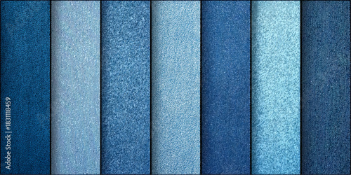 Collection of various shades and textures of blue denim fabric swatches arranged vertically