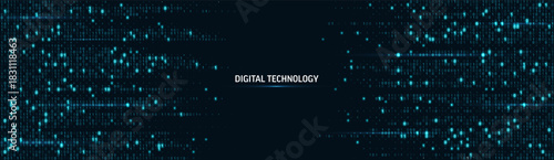 Binary code matrix on blue cyber background with abstract data streams and glowing lines. Technology concept with computer numbers in digital network pattern for futuristic programming visualization.