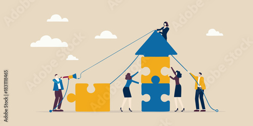 Teamwork building a house shaped structure with puzzle pieces and a megaphone