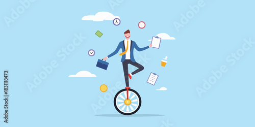 Businessman skillfully balancing on a unicycle with business elements floating around