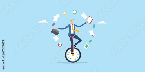Businessman expertly balancing on a unicycle with papers flying around him