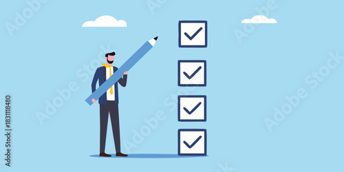 Businessman completing a checklist with a large pencil