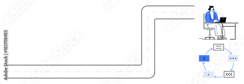 Customer support visual. Call center agent assisting through workflow diagrams for efficient communication. Customer support key in tech troubleshooting, service, communication, and training