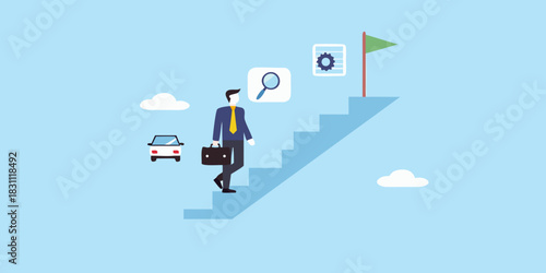 Businessman climbing stairs towards success and goals with icons representing research and development