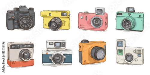 Collection of vintage and retro cameras in bright watercolor style on a white background