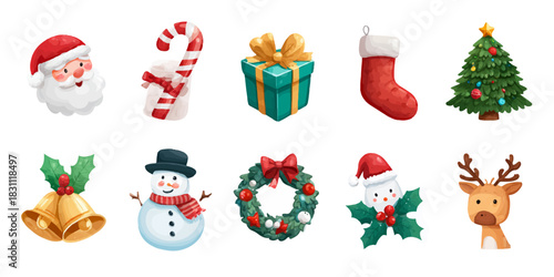 Collection of watercolor christmas holiday icons including santa claus snowman reindeer and decorated tree