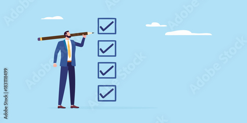 Businessman checking off tasks on a list with a large pencil