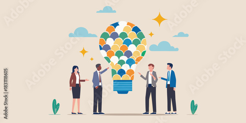 Diverse team collaborating on a bright idea represented by a colorful lightbulb