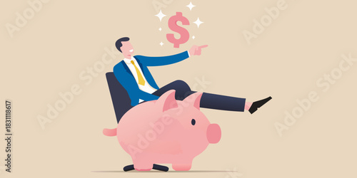 Businessman riding a piggy bank towards financial success and wealth