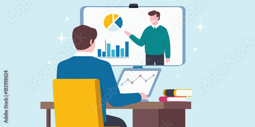 Man attending online business meeting with charts and graphs