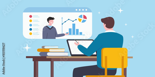 Man learning online with charts and graphs on a laptop screen