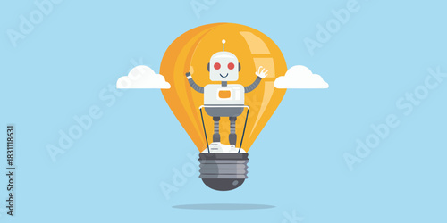 Friendly robot character inside a glowing light bulb symbolizing innovation and ideas