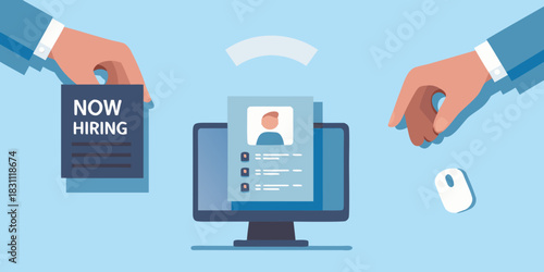 Hands selecting candidates from online resumes for a now hiring job opportunity