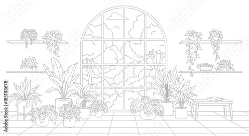 Indoor garden with potted plants and a large window in a line art drawing