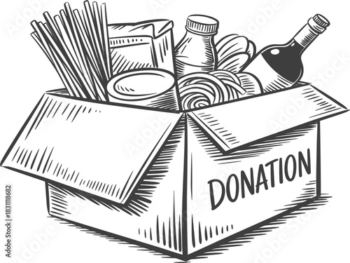Food Donation Box Engraving Vector Illustration, Charity and Hunger Relief Sketch, Volunteer Assistance, Black and White Community Support Graphic