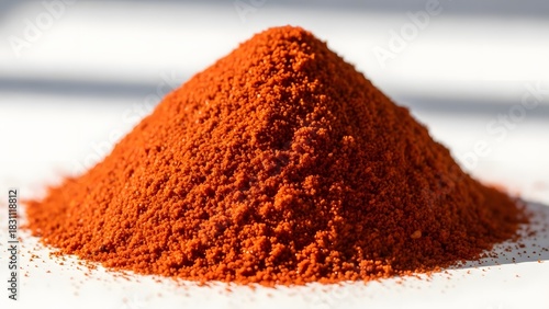 Fototapeta Naklejka Na Ścianę i Meble -  Ultra-realistic 8K close-up of a smooth, textured pile of vibrant red chili powder on a clean white background with soft, natural shadows. Pure spice minimalism.