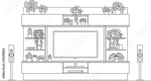 Minimalist living room setup with entertainment center and potted plants outline