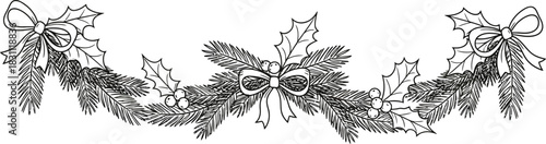 Festive christmas garland with bows and holly berries on a white background