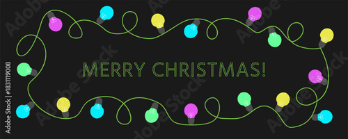 Christmas glowing lights, colorful garland,  isolated on black background, vector