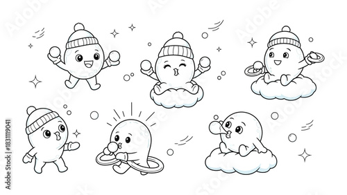 Winter Wonderland: Adorable cartoon characters engage in playful winter activities, spreading joy and enchantment. The scene, simple yet delightful, captures the essence of winter fun.