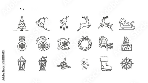 Holiday Icons: A collection of festive line art icons, each delicately crafted to evoke the cheer and spirit of the holiday season, from ornaments and bells to snowflakes and winter sleighs.