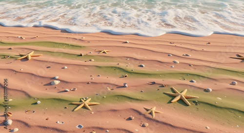 Fototapeta Naklejka Na Ścianę i Meble -  Sandy beach with starfish seashells and gentle wave perfect summer day