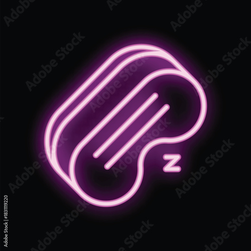 Purple neon sign representing a sleep mask, glowing on a black background
