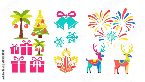 Festive Christmas Illustration: A vibrant collection of Christmas-themed illustrations, from decorated trees to gift boxes, and joyful elements. capturing the holiday spirit and festive charm.