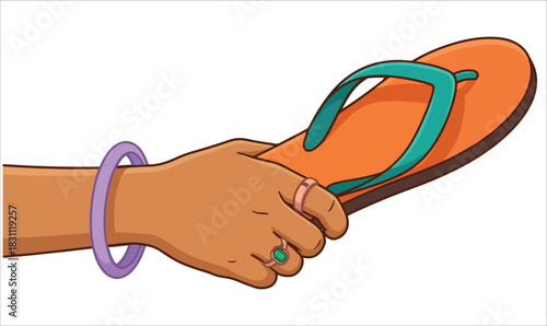 Hand Holding Flip-Flop Illustration, Cartoon Vector Meme Style, flip-flop illustration, hand holding sandal, chancla meme art, cartoon vector design, slipper in hand graphic, funny meme illustration,