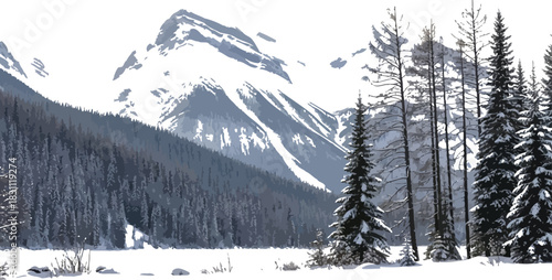 Snow covered mountains and forest create a serene winter landscape scene