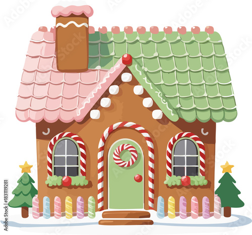 A charming gingerbread house with pink and green frosted roof tiles, candy cane frames, and colorful candy decorations sits nestled in a snowy holiday setting with small Christmas trees.