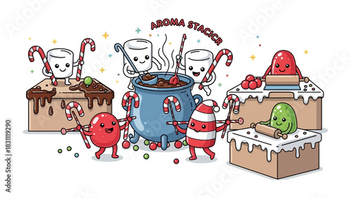 Sweet Treat Wonderland: A whimsical illustration of a charming aroma station where animated sweets and treats create delicious confections and festive delights.