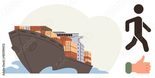 Cargo ship loaded with containers on water, walking stick figure, and thumbs-up gesture. Ideal for trade, global business, logistics, teamwork, success approval and movement. Simple flat metaphor