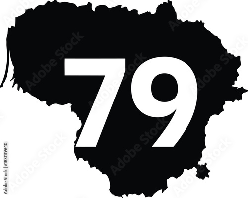 Black silhouette of lithuania map with country code number seventy nine isolated on transparent background